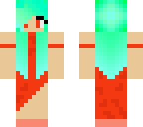 green haired girl with red orange dress