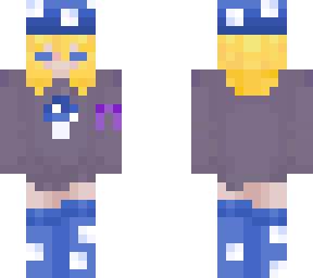 blue mushroom girl with purple sweatshirt (purple ribbon)