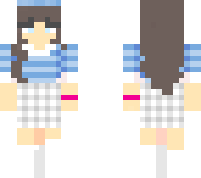 blue shirt with gray and white plaid skirt