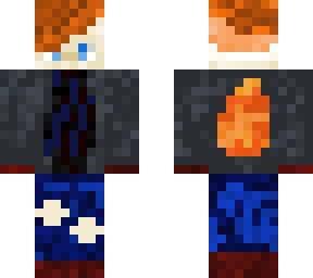 orange hair, ripped jeans, fire logo on back, claw on shirt.