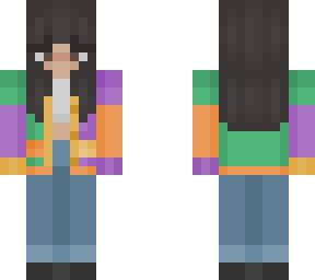 multi-coloured cardigan and blue jeans