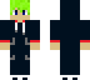 black hoodie, green hair.