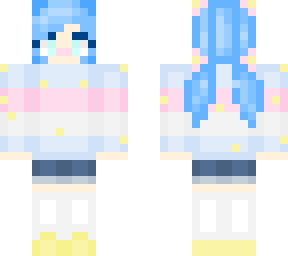 blue haired girl with teal eyes wearing pink, blue gray sweater
