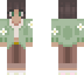 short hair green daisy cardigan with brown pants