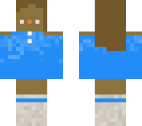 girl at home, blue shirt, white socks with blue line.