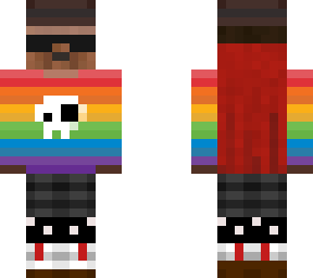 rainbow caped human in polka dot pants and a hat