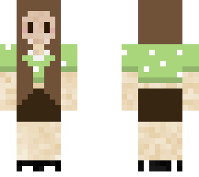 brunette girl, green mashroom shirt