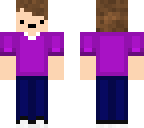 guy is purple shirt and blue jeans