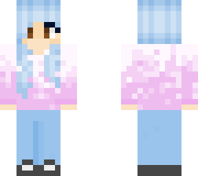 blue haired girl in hoodie and jeans