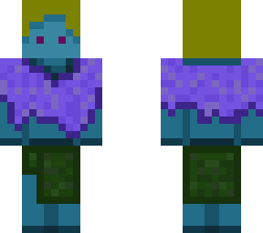 cute lil blue guy with a purple shall and green skirt