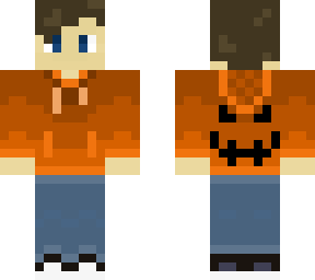 orange hoodie and jeans (boy with pumpkin on back)