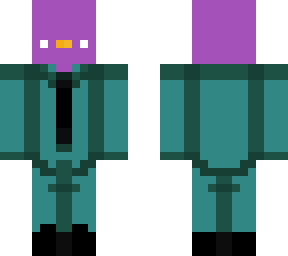 purple chiken in blue suit