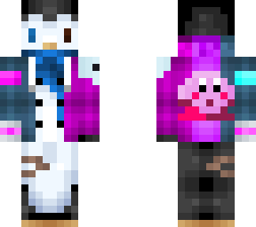multi-coloured eyed penguin with blue and pink jumper