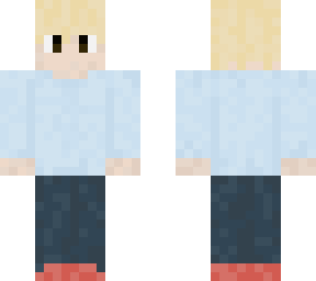 blonde boy red shoes blue shirt jeans