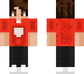 red shirt brown hair with skull icon on the shirt
