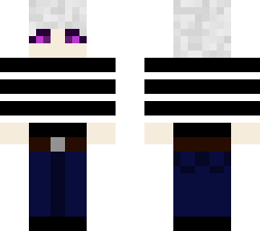 white hair purple eyes striped shirt jeans