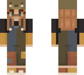 bear hat and colorful overalls