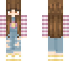 flower overalls, brunette.