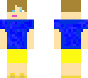 blue tee and yellow shorts
