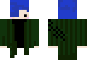 blue hair with green jacket