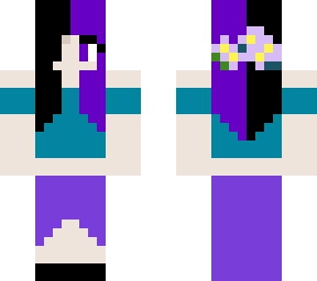 purple and black split haired girl with long skirt and crop top