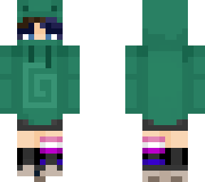 genderfluid person with frog hoodie, half blue half brown hair, blue eyes