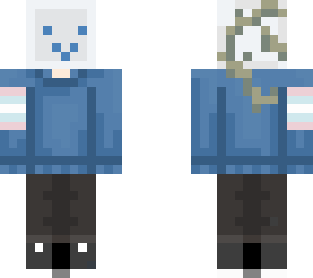tv head with blue sweater, vines, and trans flag band.