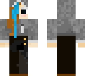 long brown hair, blue streak and genderfluid shoes