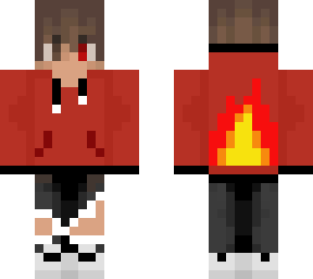 normal brown hair boy red hoodie flame on back holes in jeans