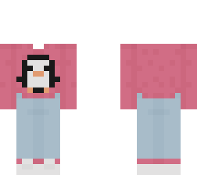 -* red sweater with a penguin and blue jeans *-