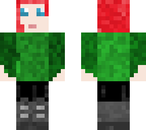 green sweater with short curly red hair