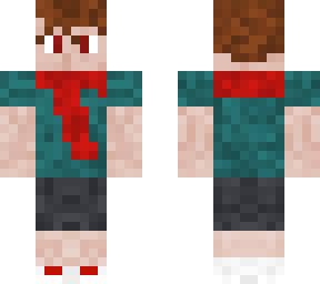 red scarf, tennis shoes.