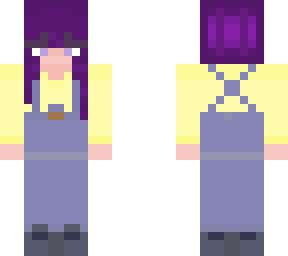 purple hair girl with overalls