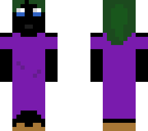 void figure with blue eyes, green hair, purple dress, brown sandals