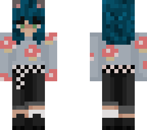 grey mushroom jumper catgirl goth blue hair black jeans green eyes