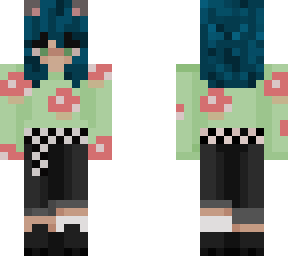 mushroom jumper catgirl goth blue hair black jeans striped jumper green eyes
