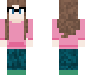 pink hoodie, blue pants, glasses