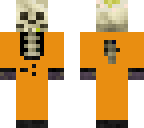 skeleton in a orange tuxsido