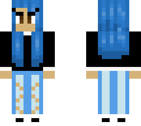blue hair girl with black sweater,blue ripped jeans and white+black shoes