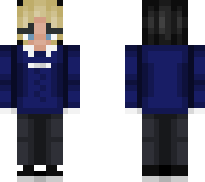 blue sweater with blond bangs<3