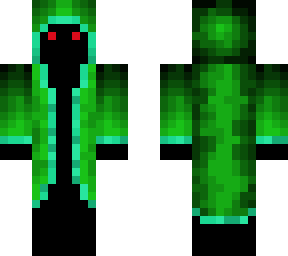 mysterious green cloaked skin with red eyes
