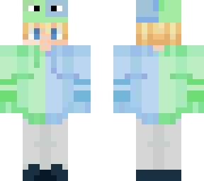 person in blue and green with dinosaur hat
