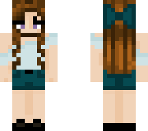 brunette w/ teal pastel off shoulder top and bow v2