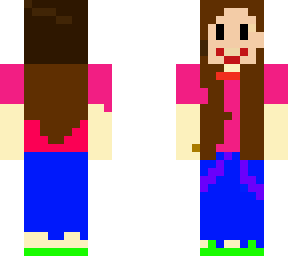 brown haired girl with a jean skirt and pink shirt
