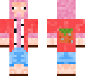 pink sheep with a grass brand red shirt