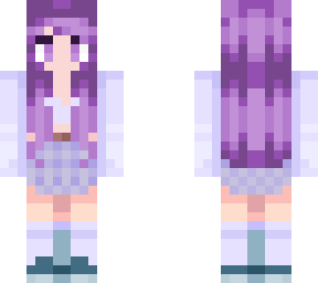 purple hair, pink eyes, pastel blue outfit