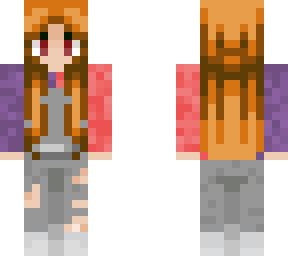 girl with pink  and purple shirt and overalls brown hair red eyes cute