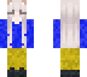 blue shirt yellow jeans black shoes