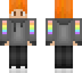 orange haired boy with grey and rainbow hoodie