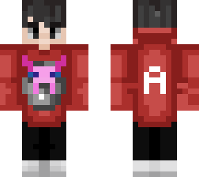axolotl, black hair, red hoodie, a in back